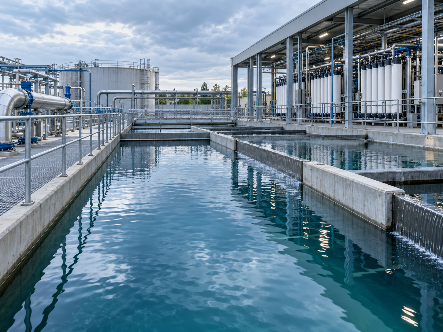 Industrial wastewater reuse basins and filtration facility at dusk